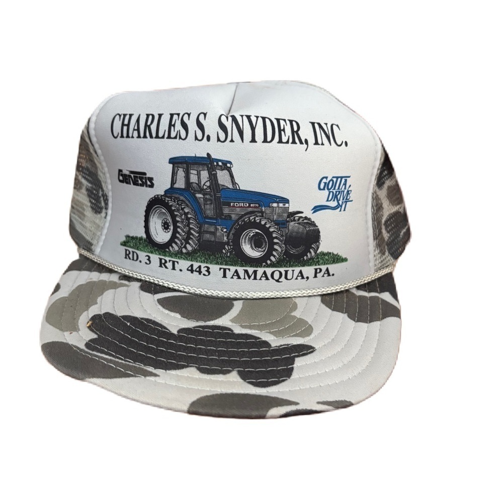 Vintage Ford Genesis Tractor Trucker Hat Camouflage Gray Blue Snapback Puffy